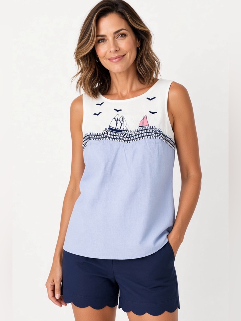TALBOTS Sleeveless Shirt Cute Coastal Grandma Cruise Sailboat Ocean Women’s XS